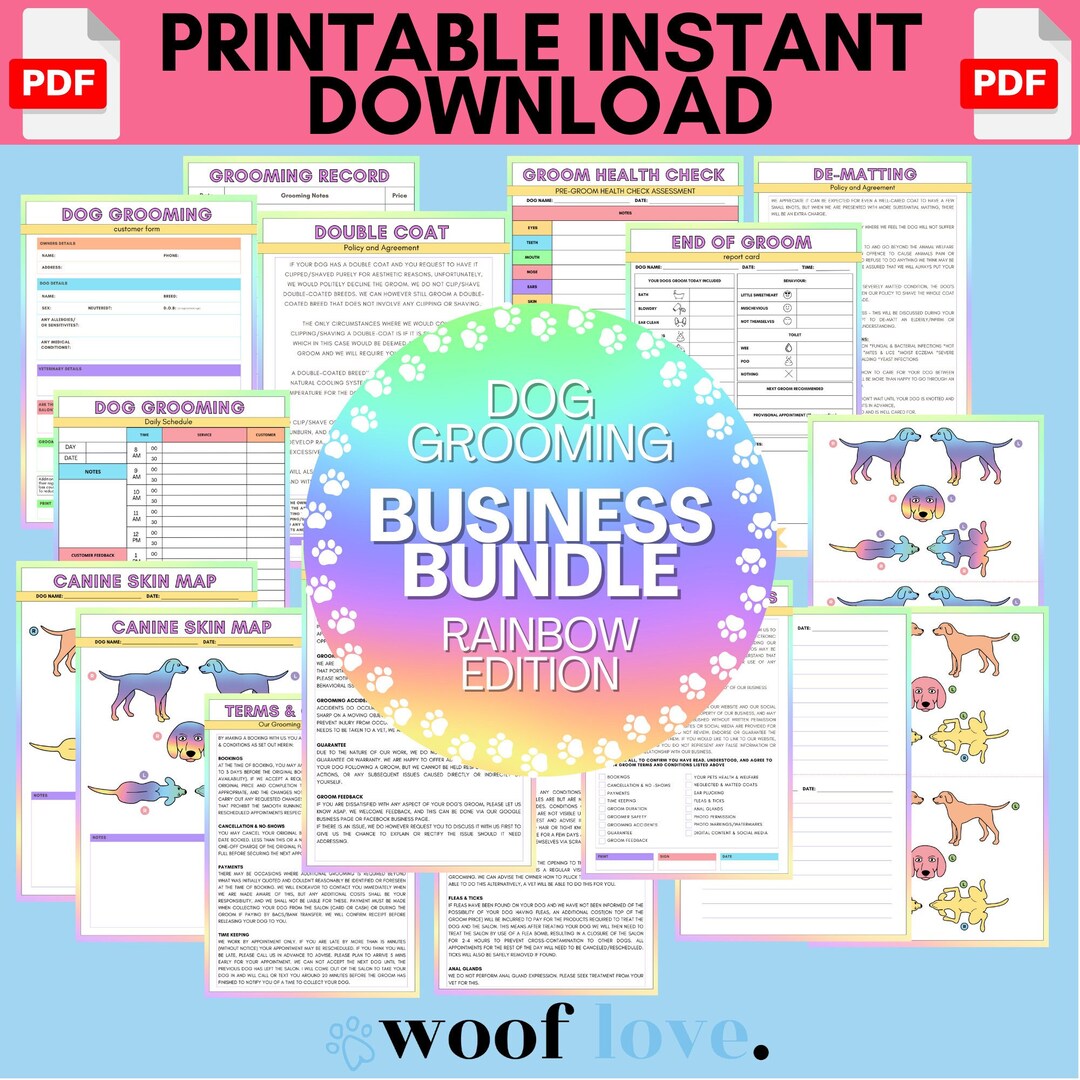 Dog Grooming Business Bundle RAINBOW EDITION Mobile Dog Grooming Template Dog Grooming Business