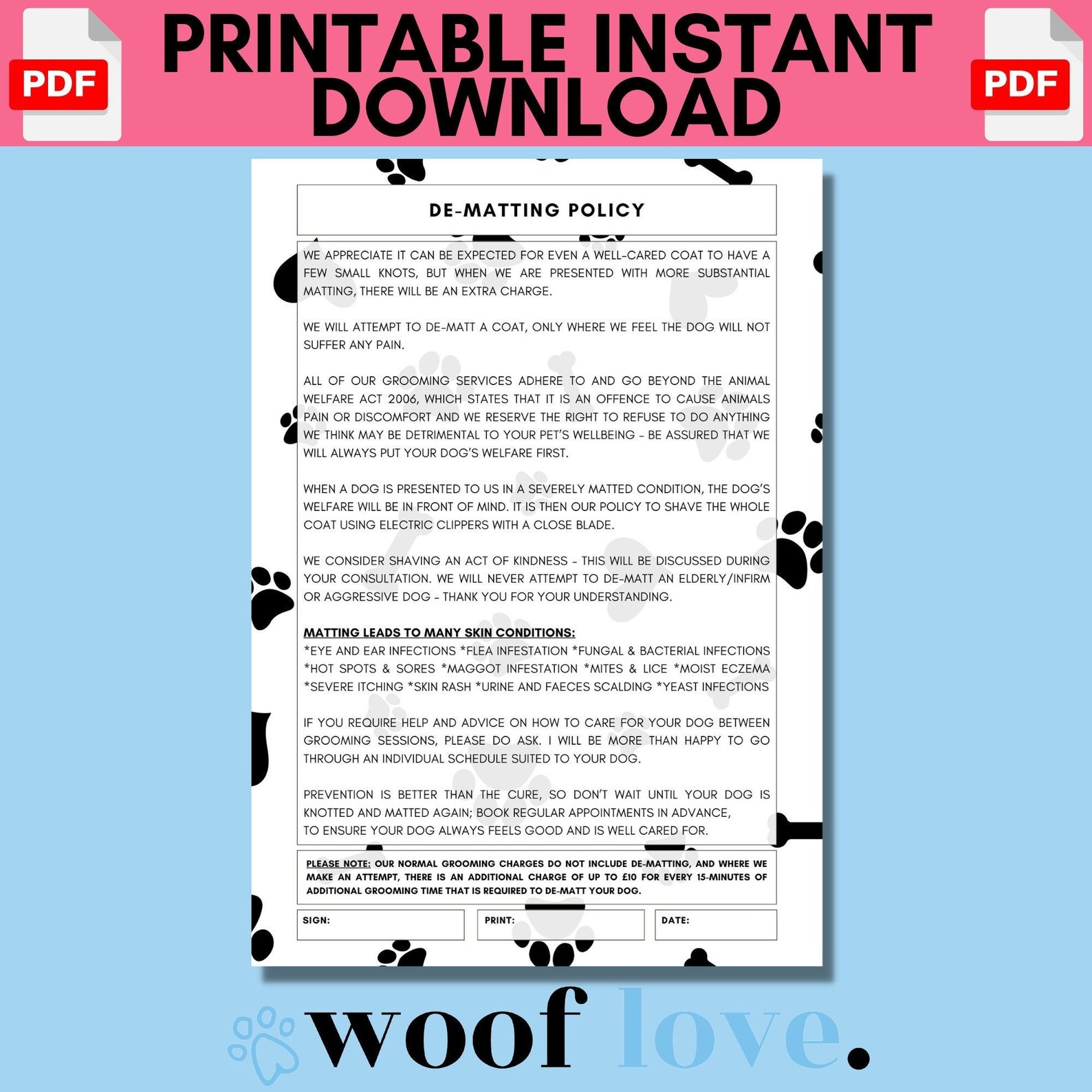 Printable Dog Grooming De Matting Policy PAW EDITION Mobile Dog