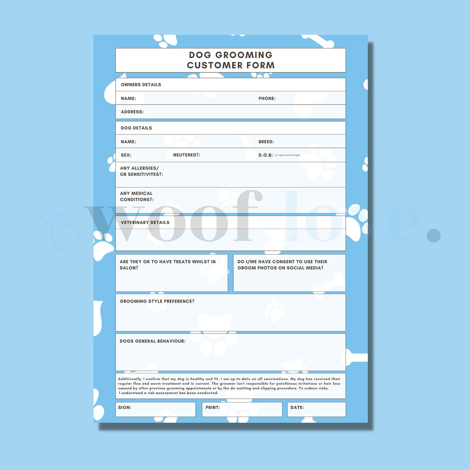 Printable Dog Grooming Form PAW EDITION Mobile Dog Grooming Template Dog Grooming Business Forms
