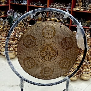 Handcrafted DOUBLE BAJRA and BHAIRAB Carved Gong /7 Metal Tibetan Gong Bell from Nepal / Best for Meditation, Healing, Yoga & Chakra Balance
