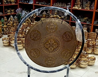 Handcrafted DOUBLE BAJRA and BHAIRAB Carved Gong /7 Metal Tibetan Gong Bell from Nepal / Best for Meditation, Healing, Yoga & Chakra Balance