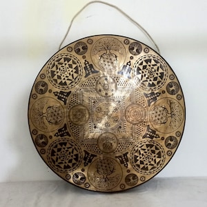 Metatron, Shree Yantra, Tree of Life, Yogi, Mandala Handcrafted Tibetan Gong Bell /Handmade from Nepal -Meditation, Yoga & Chakra Balance