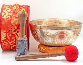 27 CM -Silver & Copper Plated Full Moon Singing Bowl with Medicine Buddha Carved -Best for Meditation, Sound Healing, Chakra Balancing