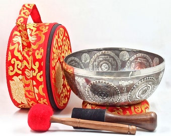 26CM Silver Plated Full Moon Singing Bowl with Shakyamuni Buddha and 7 Chakra Carvings for Meditation, Sound Healing, and Chakra Balancing