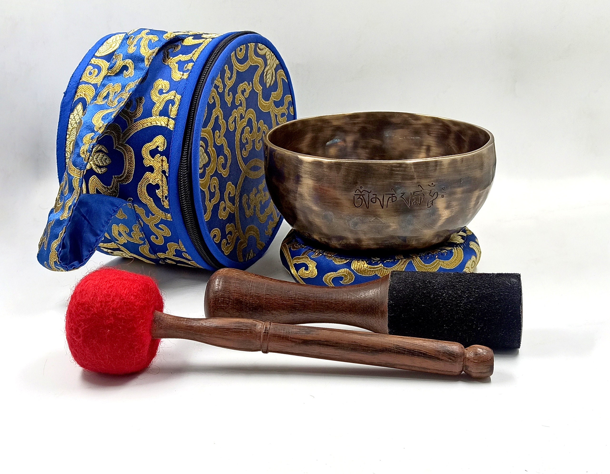 Full Moon Singing Bowl - Tibetan Singing Bowl Set for Meditation, Yoga, Chakra Healing and Gift - Om Mane Padme Hum Carved around