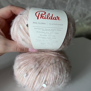 Pu&ograve; includere: Un gomitolo di filato rosa con paillettes argentate, etichettato "Phil Gloria" dal marchio "Phildar". L'etichetta indica che la composizione del filato &egrave; 42% poliammide, 21% acrilico, 20% alpaca, 10% poliestere e 7% lana. Il filato pesa 50 grammi e fa 1,76 once.