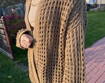 Cárdigan de punto hecho a mano, suéter de lana merino y cachemira, cárdigan de punto extragrande, prendas únicas tejidas a mano.