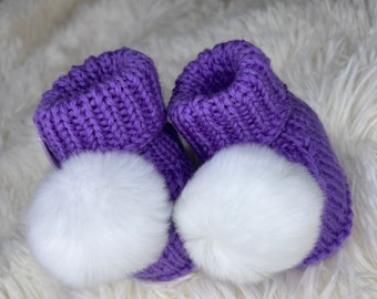 Pure merino wool baby booties Knitted baby booties Knitted baby slippers Knit baby booties  Knitted Baby shoes Pom pom booties