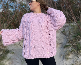 Rosa Strickpullover Grobstrick Pullover Oversized Strickpullover Gemütlicher Strickpullover Home Pullover Wollpullover