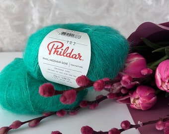 Filato di lusso Phildar Mohair Soie, Filato per maglieria in mohair di seta, Mohair con seta, Filato morbido per maglieria, Filato verde, Regalo per magliai