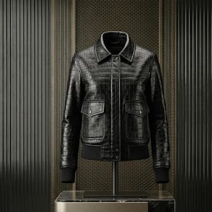 Handmade Alligator Embossed Leather Bomber Jacket - Women's Black Crocodile Skin Spring Luxury Motorcycle Jacket
