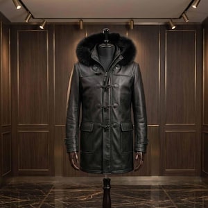 Men's Genuine Leather Long Coat with Detachable Faux Fur Hood, Military Style Overcoat