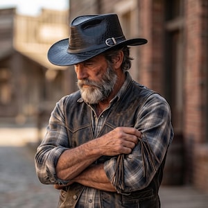Könnte beinhalten: Eine Person mit grauem Bart trägt einen schwarzen, strukturierten Cowboyhut, ein kariertes Hemd und eine dunkle Lederweste. Das Outfit umfasst einen breiten, verzierten braunen Ledergürtel mit Metallschnalle und eine Ledertasche an der Hüfte.