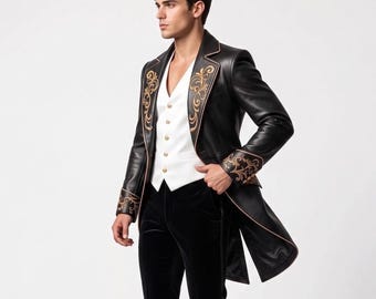 Handmade Authentic Leather Victorian Tailcoat with Gold Embroidery – Gothic Cyberpunk Style Personalized Gift
