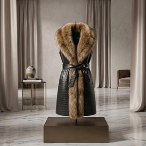 May include: A sleeveless black vest featuring a textured crocodile-embossed finish, a wide tan faux fur collar and trim, and a matching black tie belt at the waist. The garment is displayed on a stand, showcasing its long, structured silhouette.