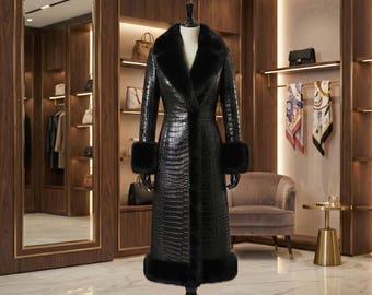 Handmade Authentic Crocodile Embossed Leather Faux fur Long Trench Coat, Gift for her
