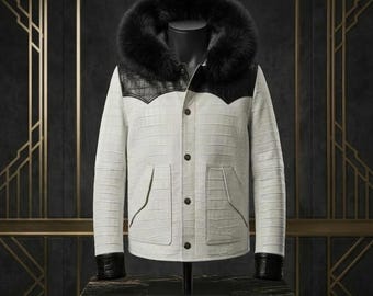 Handmade Alligator Leather Bomber Jacket - Men's Black Crocodile Skin Fur Hooded Luxury Motorcycle Jacket