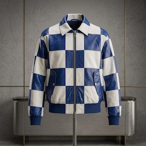 Könnte beinhalten: Blau-weiß karierte Jacke mit Reißverschluss, Kragen und zwei Vordertaschen. Die Jacke hat blaue gerippte Bündchen und einen blauen gerippten Saum. Die Jacke wird auf einem Metallständer präsentiert.