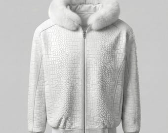 Chaqueta bomber de piel blanca con textura de cocodrilo en relieve, hecha a mano, para hombre, de lujo, con capucha de piel blanca.