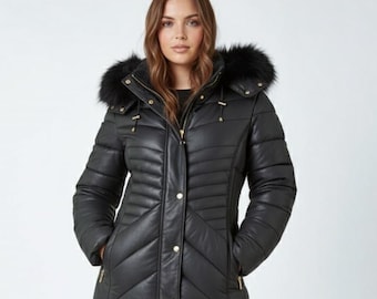 Luxe leren pufferjas: capuchon met echt bont, gewatteerde winterjas