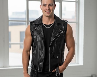 Kamizelka motocyklowa z tłoczonym wzorem krokodyla – ręcznie robiona, czarna, z fakturą aligatora