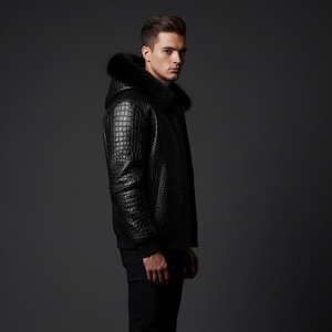 Chaqueta bomber de piel de cocodrilo hecha a mano - Chaqueta de moto de lujo con capucha de piel de cocodrilo negra para hombre