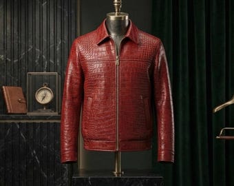 Men's Red Embossed Leather Bomber Jacket – Crocodile Skin Biker Jacket