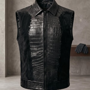 Sleek black men leather vest showcasing ultra-luxury crocodile jacket men styling with a structured collar and heavy-duty front zipper.