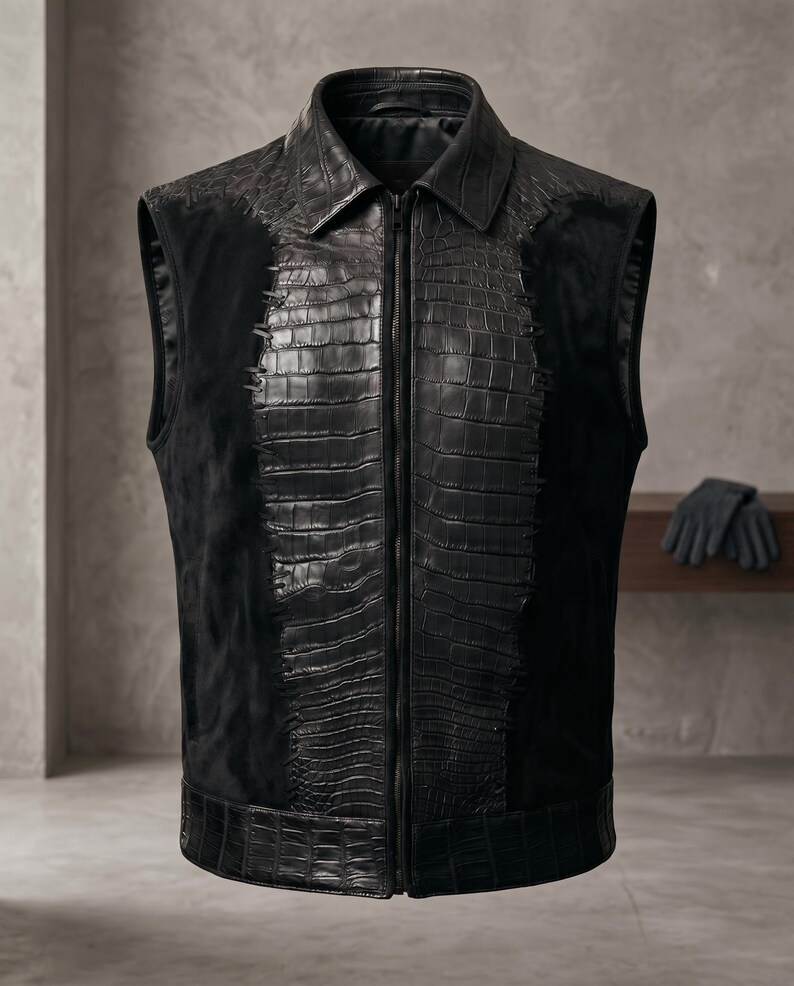 Sleek black men leather vest showcasing ultra-luxury crocodile jacket men styling with a structured collar and heavy-duty front zipper.