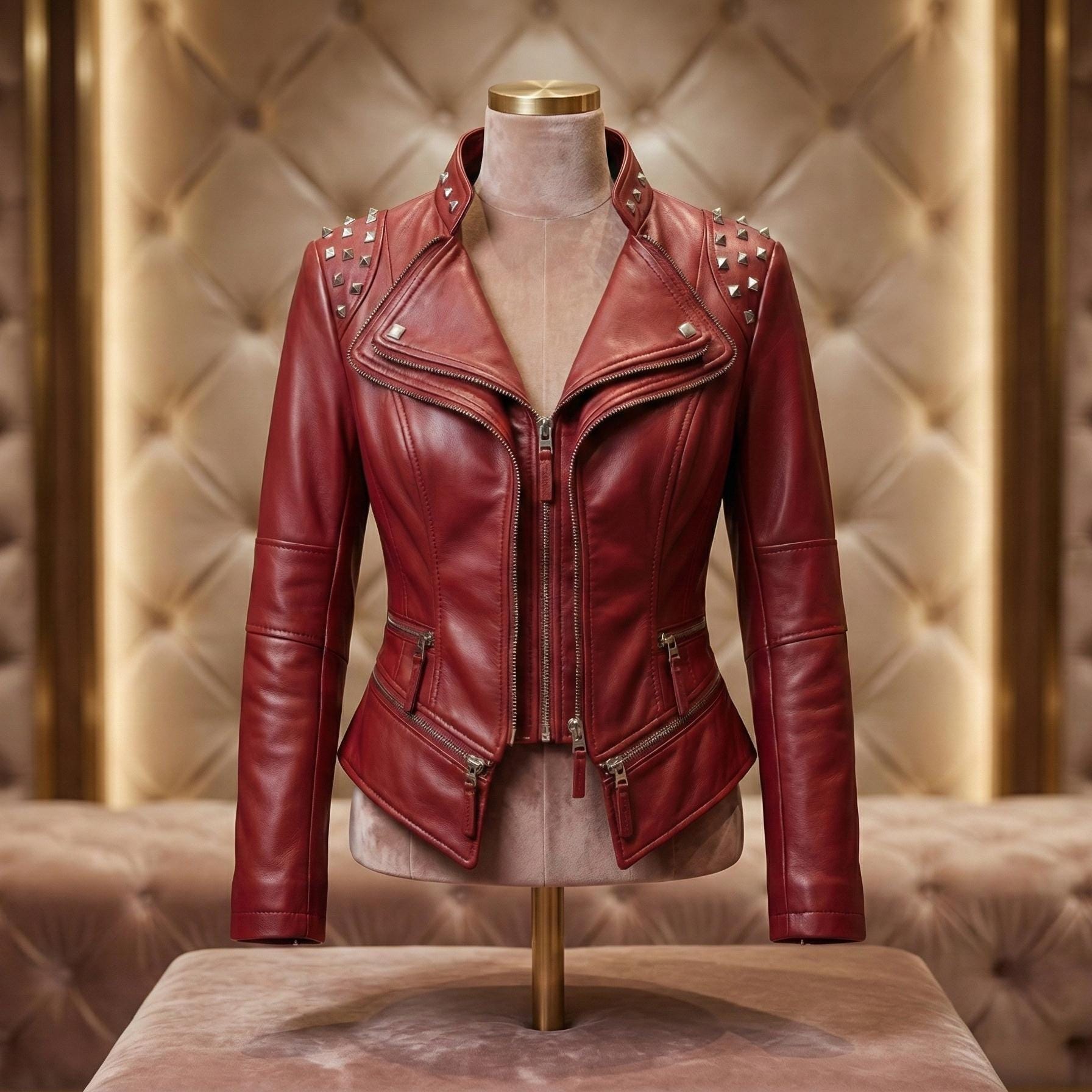 Handmade Women's Red Sheepskin Leather Jacket Genuine Studded
