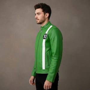May include: Green leather jacket with a white stripe down the left side and a black circle with the number 10 on the chest. The jacket has a stand-up collar and a zipper closure. The jacket is a solid green color.
