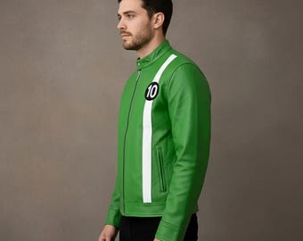 Handgemachte Superheld Ben 10 Grüne Cosplay Jacke, echtes Schafleder, Heißer Verkauf, Kostümmantel