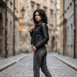 Puede incluir: Una chaqueta de cuero negro acolchada con un diseño clásico. La chaqueta se combina con vaqueros grises. La persona está de pie en una calle adoquinada en un entorno urbano.