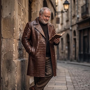 Langer Trenchcoat aus geprägtem Leder für Herren, braun, Vintage-Western-Cowboy-Stil, Alligator-Textur