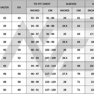 May include: A size chart for clothing, displaying measurements in inches and centimeters. The chart includes sizes from XXS to 5XL, with corresponding UK/US and EU sizes. Measurements are provided for chest, sleeves, and shoulders.