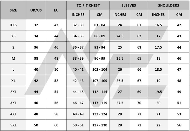 May include: A size chart for clothing, displaying measurements in inches and centimeters. The chart includes sizes from XXS to 5XL, with corresponding UK/US and EU sizes. Measurements are provided for chest, sleeves, and shoulders.