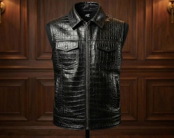 Handmade Authentic Crocodile Embossed Cowhide Leather Vest For men | Gift for him