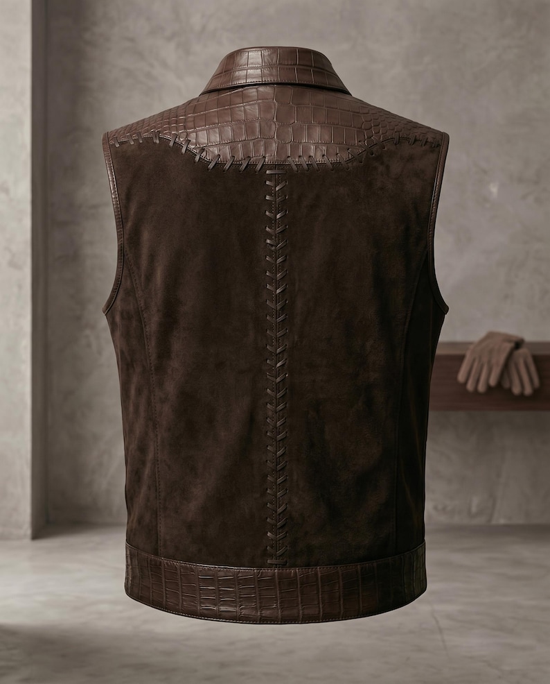 Back view of a premium leather gear waistcoat highlighting the crocodile leather yoke, thick hand-stitched detailing, and tailored alligator texture bottom hem.