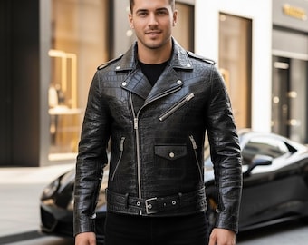 Chaqueta de motociclista para hombre, hecha a mano, de auténtica piel de vaca con relieve de cocodrilo.