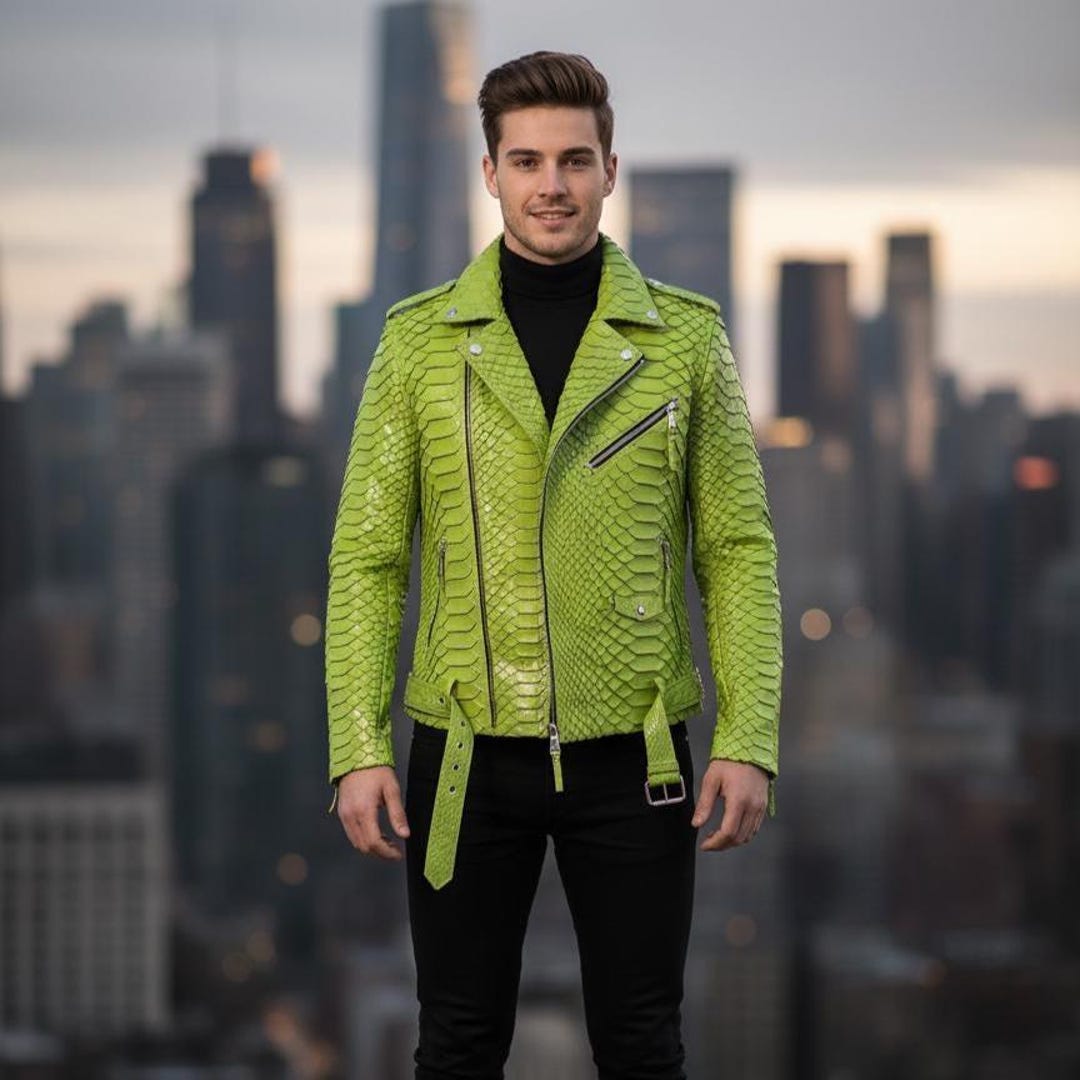 Handmade Lime Green Python Snakeskin Embossed Leather Biker Jacket ...