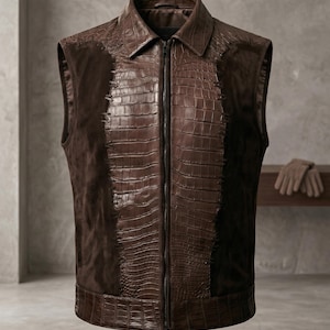 Front view of a luxury handmade leather mens waistcoat featuring glossy crocodile embossed center panels and soft brown suede Vest men sides, accented with heavy leather lacing.