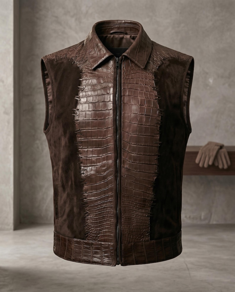 Front view of a luxury handmade leather mens waistcoat featuring glossy crocodile embossed center panels and soft brown suede Vest men sides, accented with heavy leather lacing.