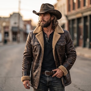 May include: A brown crocodile-textured leather jacket with a tan shearling collar and cuffs, worn over a black henley shirt. The jacket features two chest pockets with button flaps and a front button closure, paired with dark denim jeans and a belt.