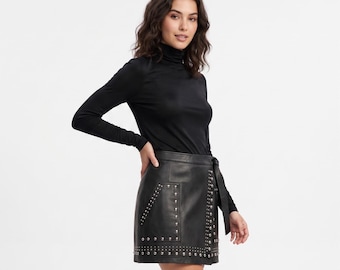 Black Leather Mini Skirt Studded Punk Gothic Zip Up Bodycon Festival Clubwear Rave Outfit