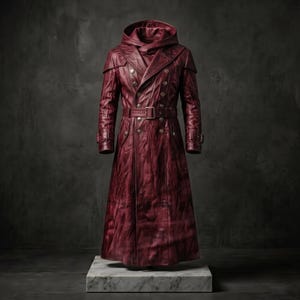 May include: A long, deep red leather trench coat featuring a hood, a double-breasted front with metallic buttons, and a matching belt with a rectangular buckle. The coat has structured shoulders, long sleeves with buckled cuffs, and a full-length hem.