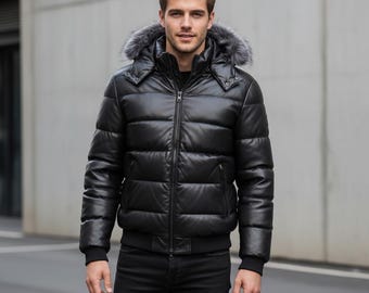 Handmade Authentic Sheep Leather Quilted Puffer jacket For men, Detachable Luxury Fur Hood Trim