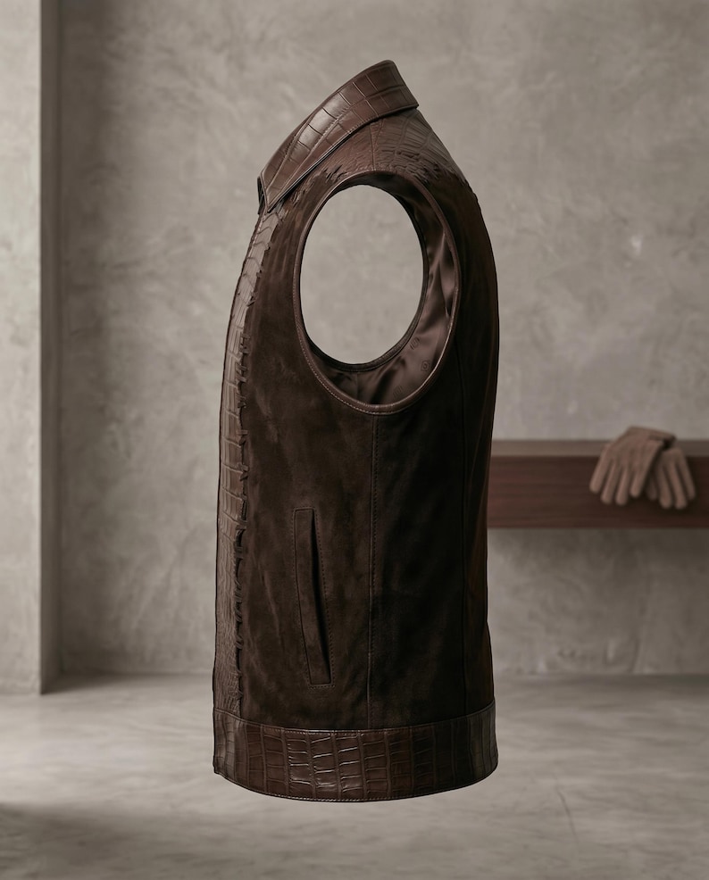 Side profile of a custom motorcycle vest showing the seamless blend of real leather vest textures, deep armholes, and sleek waist pockets.
