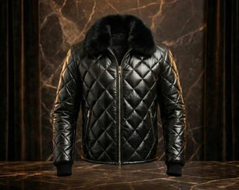Pikowana kurtka typu bomber z jagnięcej skóry, luksusowy kołnierz futrzany, styl lat 90.