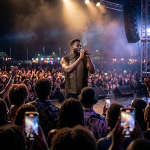 Musician performing on stage wearing a custom luxury crocodile embossed suede leather vest, demonstrating the garment's rockstar aesthetic and perfect fit.