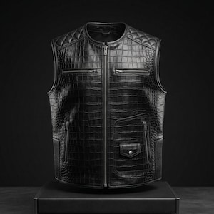 Può includere: Un gilet in pelle nera con una texture a pelle di coccodrillo. Il gilet ha un design a spalla trapuntata, una chiusura frontale con zip e più tasche. Il gilet è esposto su una superficie nera su sfondo scuro.